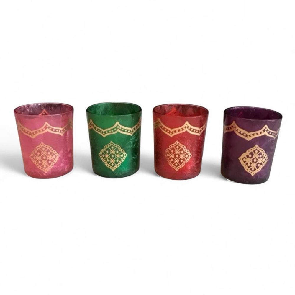 Pier 1 NWT Multicolor Colorful Glass Gold Accent Votive Candle Holders Set of 4